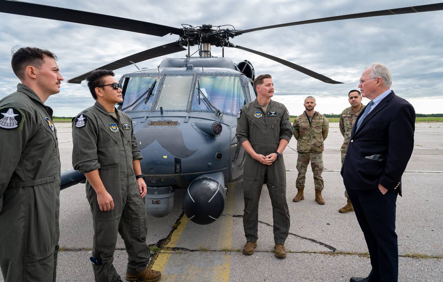 U.S. Ambassador to Serbia, Christopher R. Hill, speaks with U.S. Air Force airmen assigned to the 56th Rescue Squadron and 435th Contingency Response Support Squadron at Batajnica Air Base, Serbia Aug. 8, 2023. <em>U.S. Air Force photo by Airman 1st Class Edgar Grimaldo</em><br>