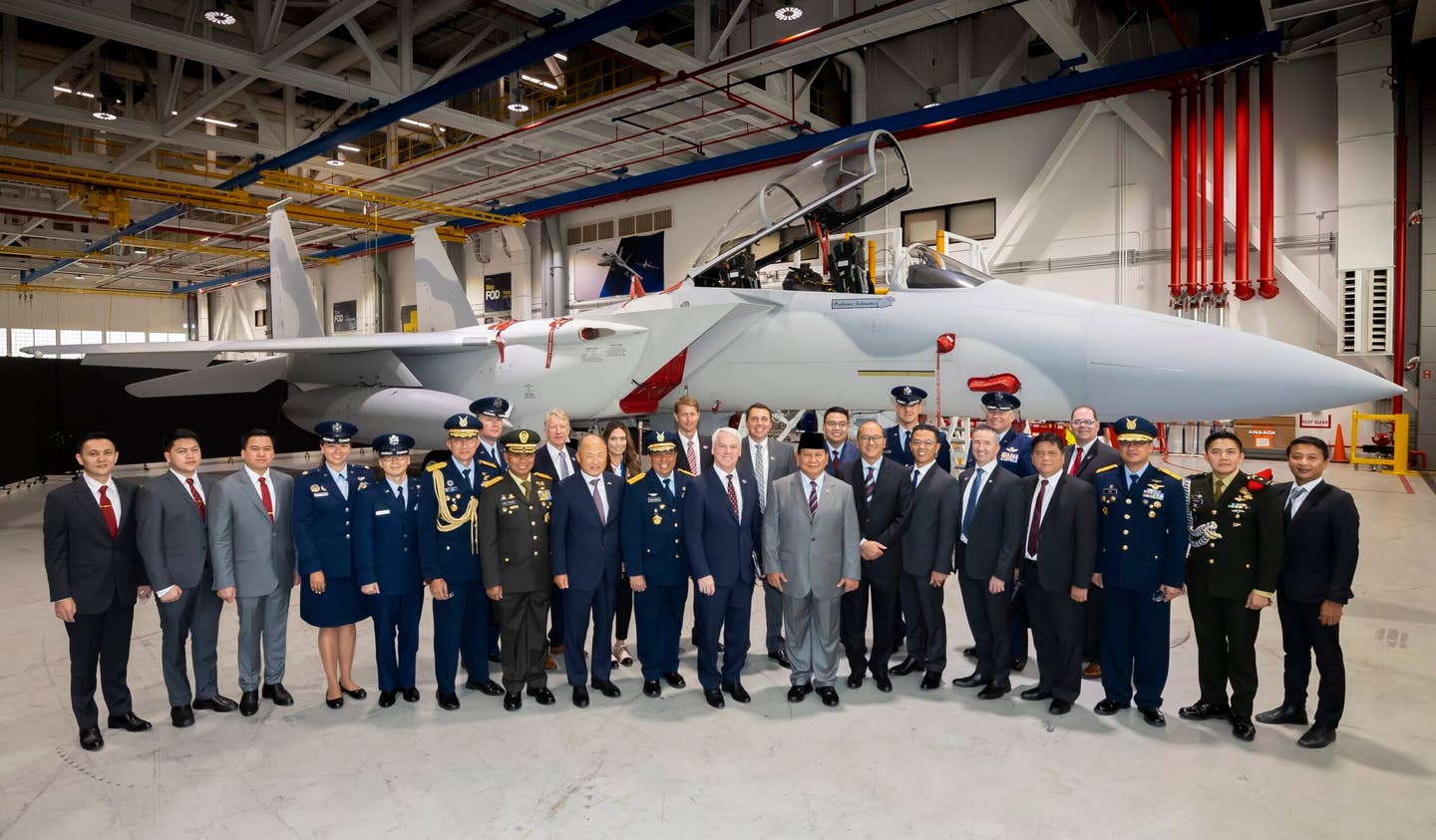 An Indonesian delegation, led by Minister of Defense Prabowo Subianto (center) during the recent visit to Boeing’s St. Louis facility. <em>Boeing</em> <br>