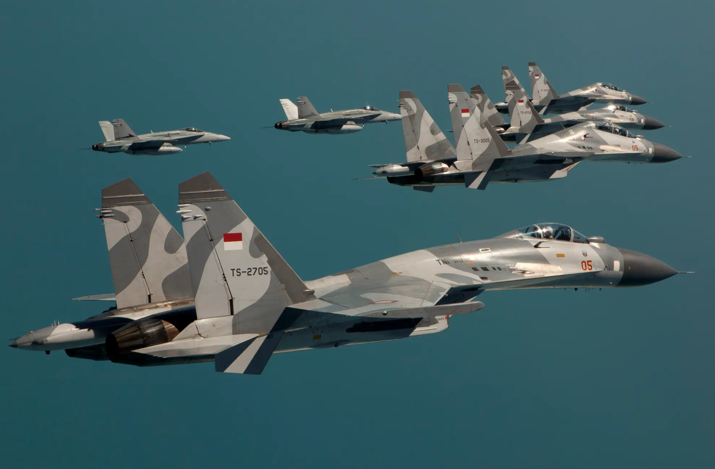 Two Royal Australian Air Force F/A-18As escort Indonesian Air Force Su-27 and Su-30 Flankers during Exercise Pitch Black 2012.&nbsp;<em>Commonwealth of Australia<strong>&nbsp;</strong></em>