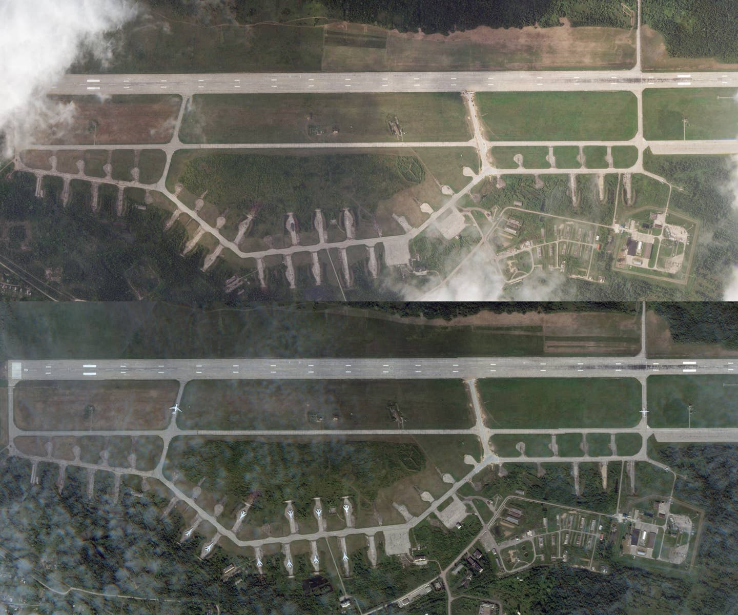 A side-by-side comparison of Planet Labs satellite images taken on Aug. 21 (top) and Aug. 16 (bottom) shows not only the damaged Backfire, but that at least nine others have since been moved. <em>PHOTO © 2023 PLANET LABS INC. ALL RIGHTS RESERVED. REPRINTED BY PERMISSION</em>