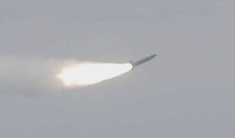 A rare released picture of an ARRW hypersonic missile in flight during a test in 2021. <em>USAF</em>