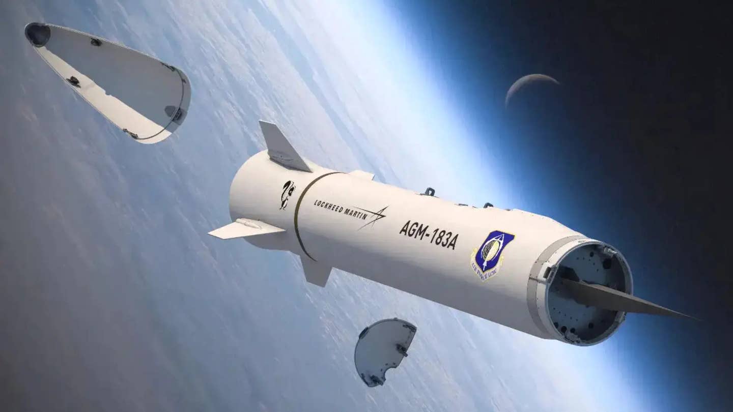 A rendering of an ARRW missile depicting it right before the release of the hypersonic-boost-glide vehicle in its nose. <em>Lockheed Martin</em>