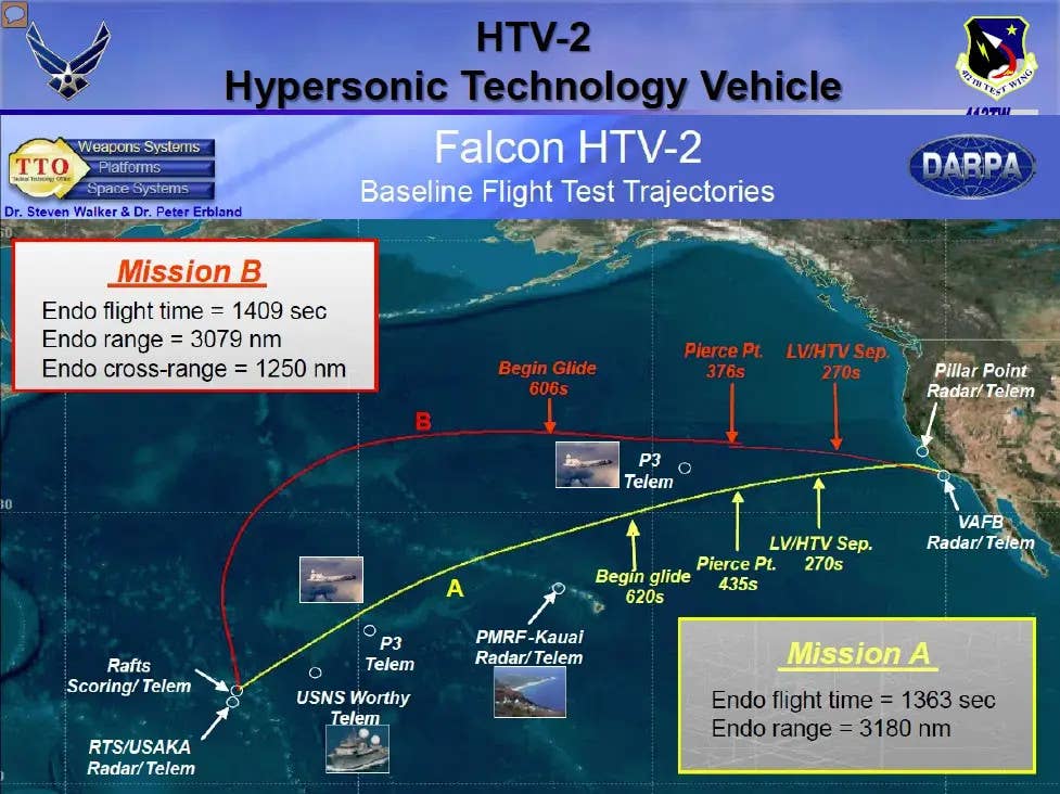 This briefing slide gives an overview of the test assets employed during the Air Force's two flight tests of the Hypersonic Technology Vehicle 2 (HTV-2) in 2010 and 2011. This gives a good sense of the significant test infrastructure requirements for hypersonic programs. USAF