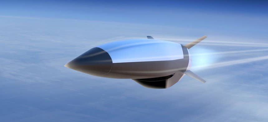 A rendering of a notional air-breathing hypersonic cruise missile from Raytheon, the prime contractor for the Air Force's HACM program. <em>Raytheon</em>