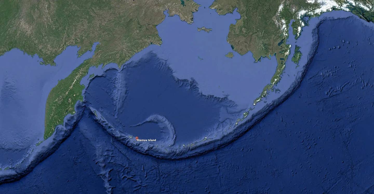 A map showing just how remote Shemya Island is, as well as its relative position to mainland Alaska to the east and Russia's Kamchatka Peninsula to the west. <em>Google Earth</em>