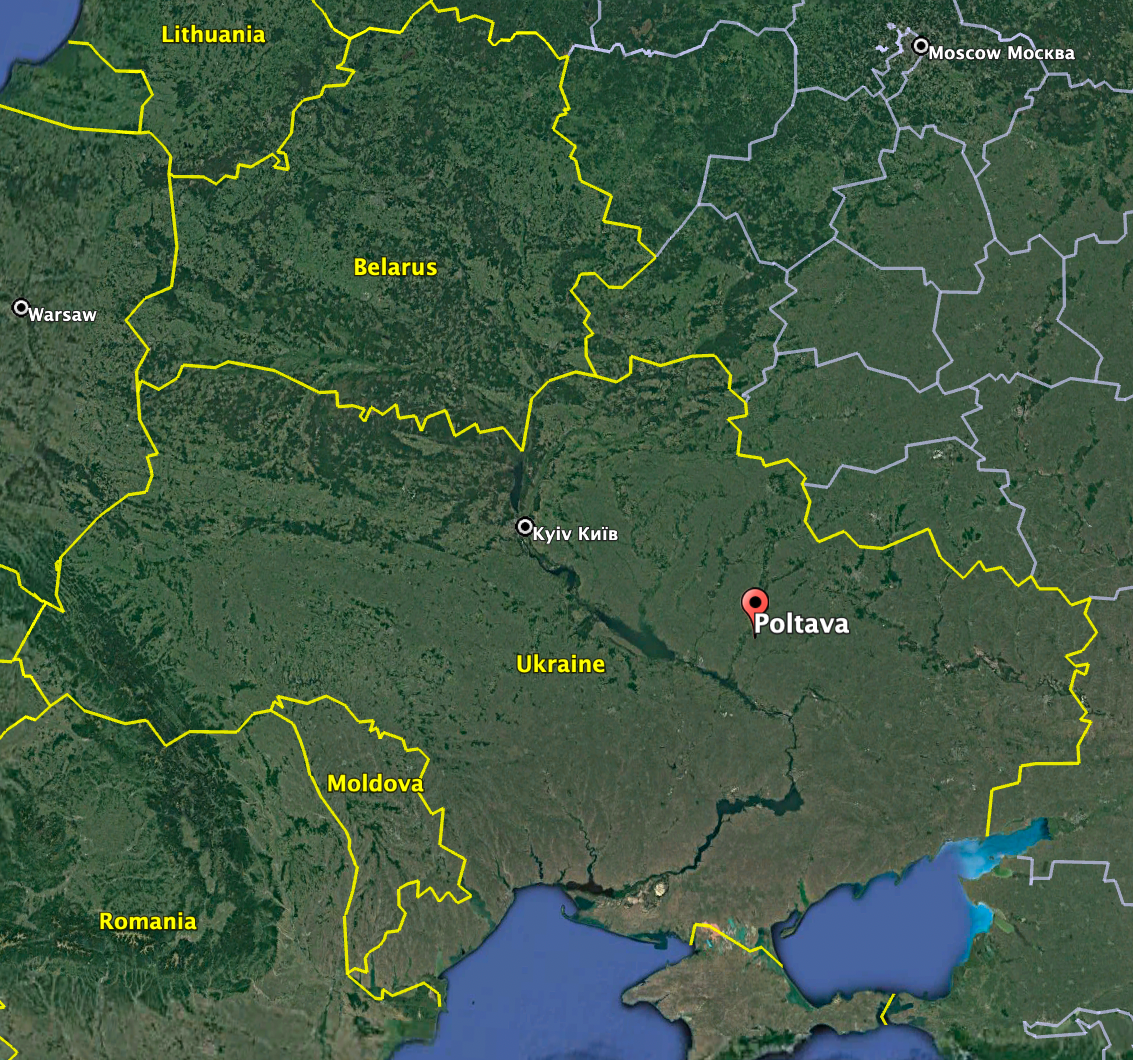 The approximate location of Poltava in Ukraine. <em>Google Earth</em>