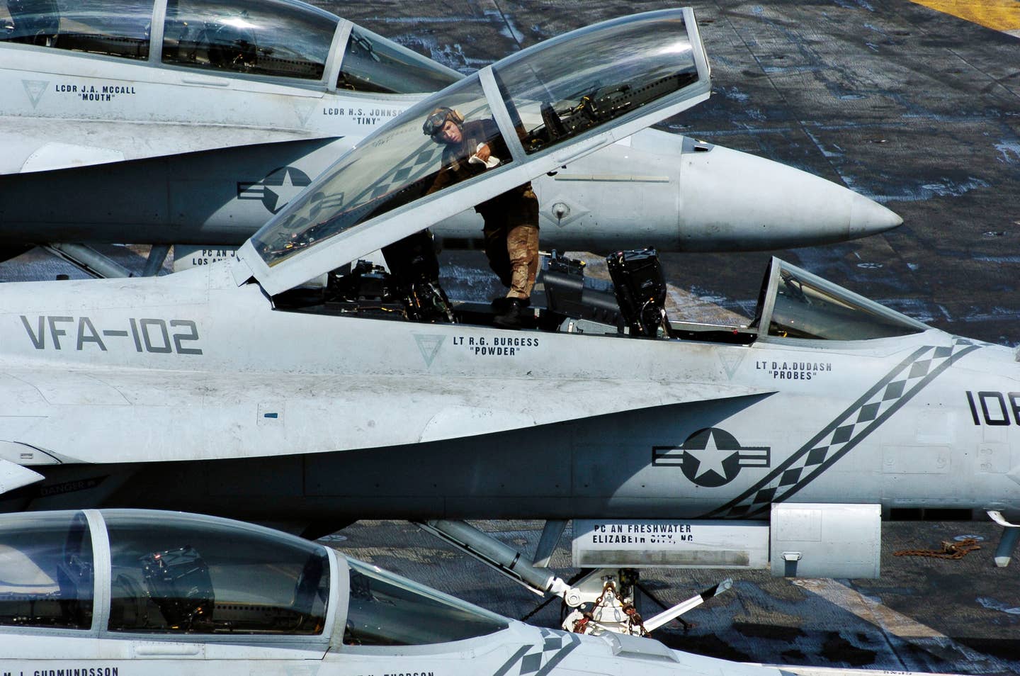 Mouth, Tiny, Powder and Probes adorn VFA-102 Super Hornets on deck. (U.S. Navy photo by Photographer's Mate Airman Stephen W. Rowe)