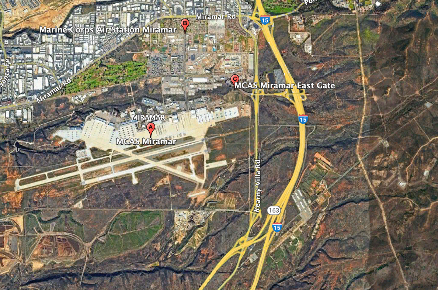 A satellite view of MCAS Miramar, with the I-15 highway located east of the base. <em>Google Earth</em>