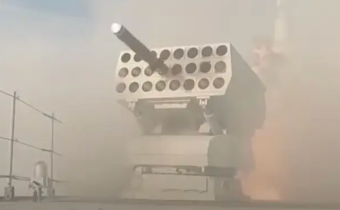A screengrab from a Chinese state television broadcast showing a Type 726 series launcher on a Type 055 destroyer firing either a decoy of some kind or an anti-submarine rocket.&nbsp;<em>CCTV capture via YouTube</em>