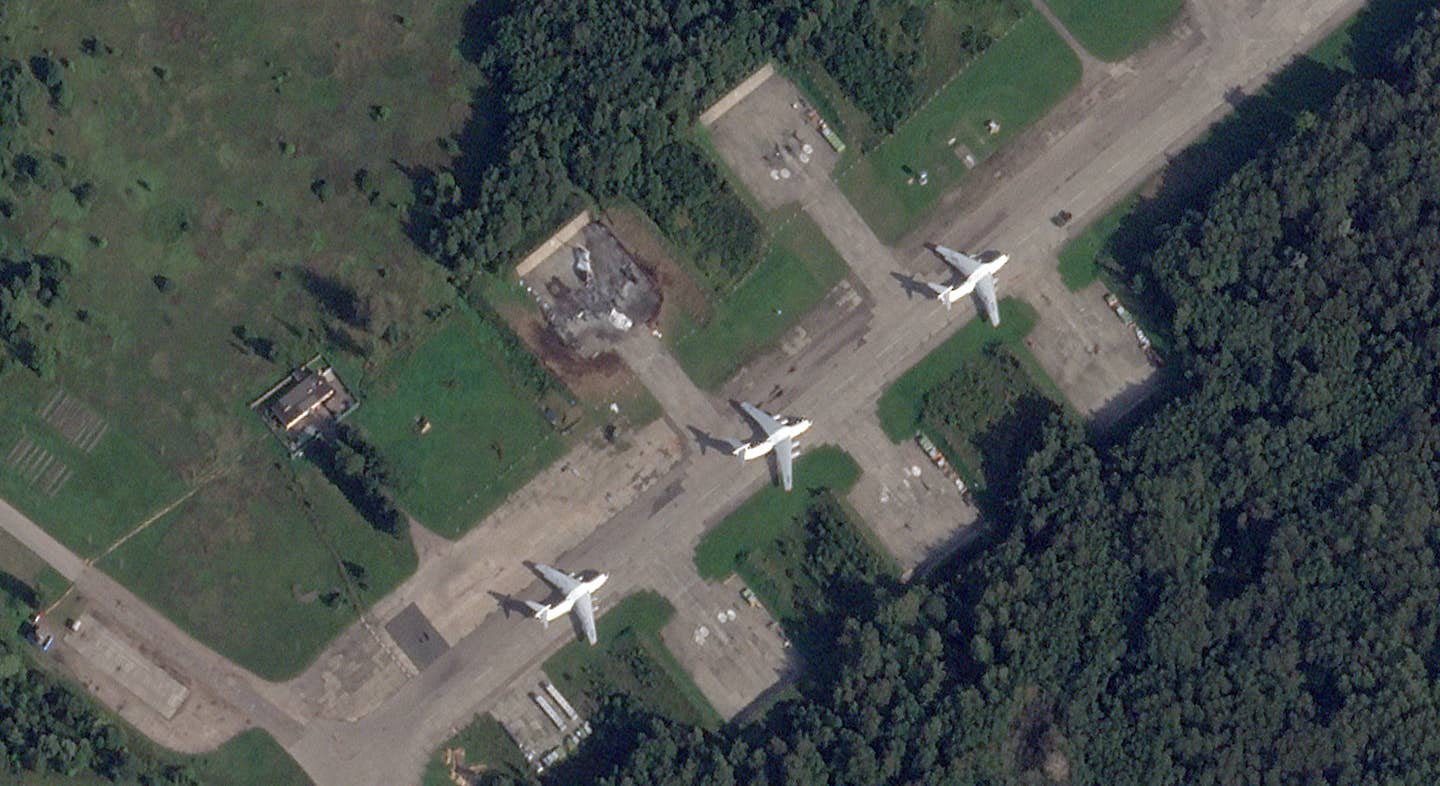 A Russian IL-76 Candid transport jet seen destroyed during a Ukrainian drone attack on Kresty Air Base in Pskov, Russia.&nbsp;&nbsp;<em>PHOTO © 2023 PLANET LABS INC. ALL RIGHTS RESERVED. REPRINTED BY PERMISSION</em>