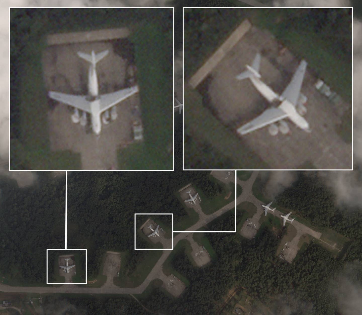 Two Russian IL-76 Candid transport jets show damage where the wings meet the fuselage during a Ukrainian drone attack on Kresty Air Base in Pskov, Russia. This is the image taken earlier this morning that had cloud cover obscuring much of the base.  <em>PHOTO © 2023 PLANET LABS INC. ALL RIGHTS RESERVED. REPRINTED BY PERMISSION</em>