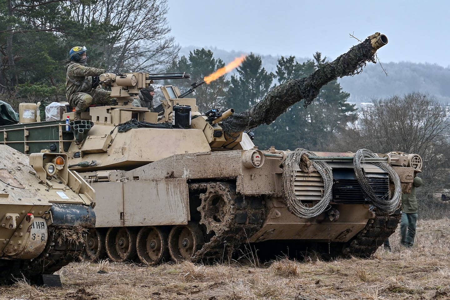 An M1 Abrams main battle tank takes part in the international military exercise Allied Spirit 2022 at the Hohenfels training area. <em>Photo by Armin Weigel/picture alliance via Getty Images</em>