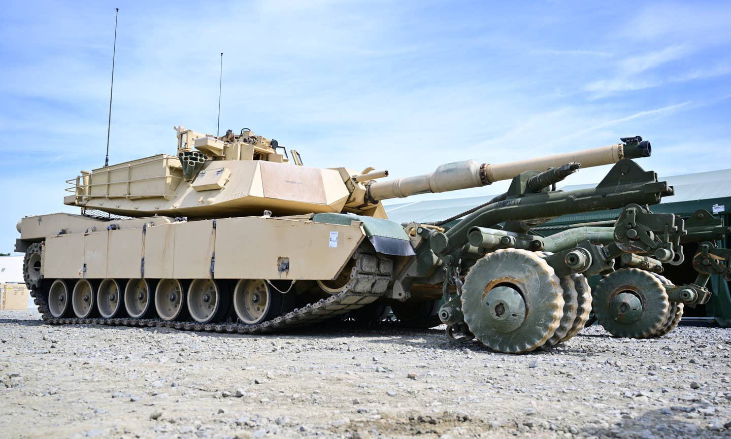 A U.S. Army M1A1 Abrams tank, in the configuration it will be delivered to Ukraine, photographed with its mine roller mounted, is seen here at Grafenwoehr, on July 14, 2023. <em>Photo by Matthias Merz/picture alliance via Getty Images</em>