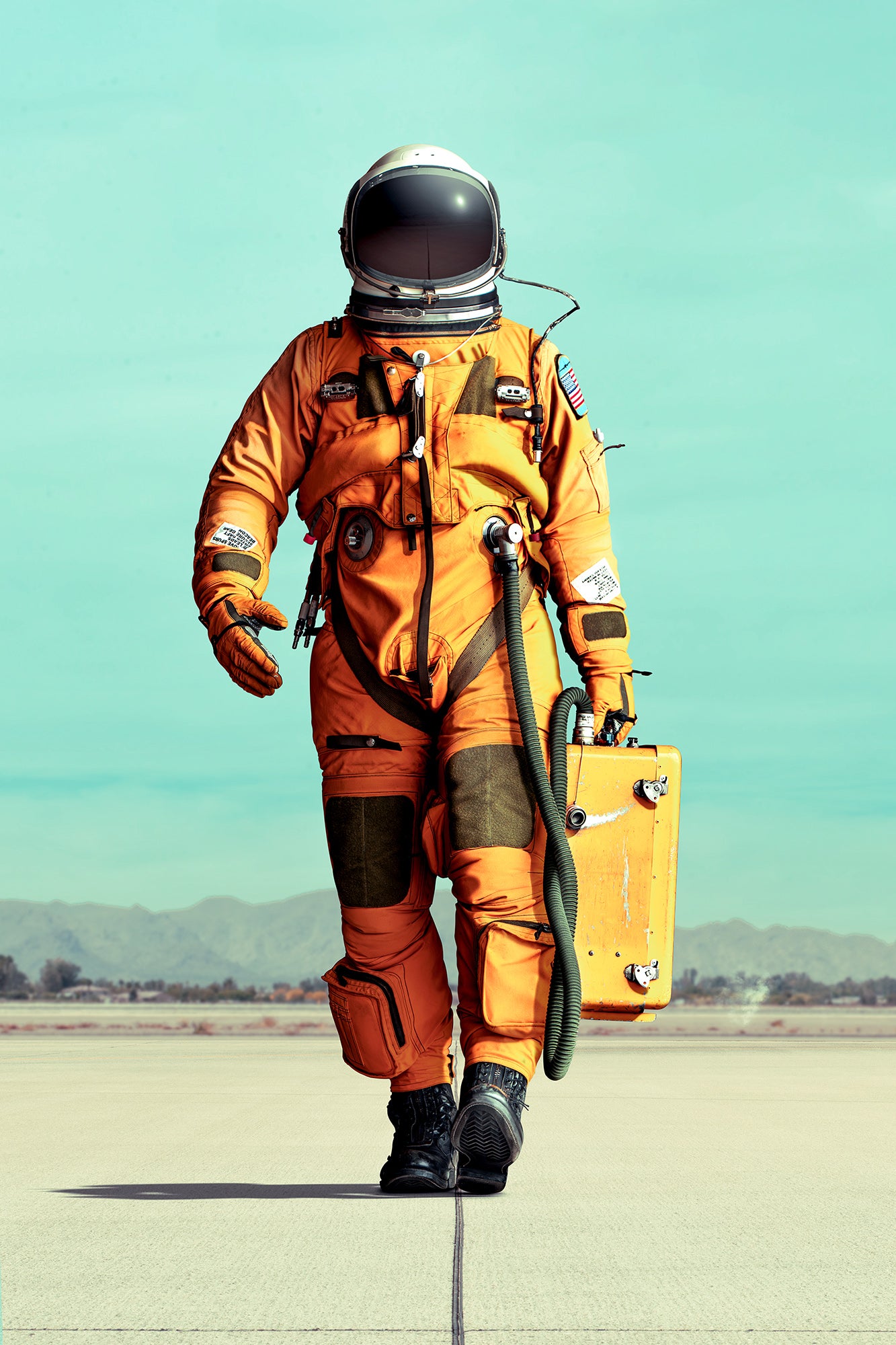 A U2 Dragon Lady spy plane pilot photographed by Commercial Photographer Blair Bunting. The image is part of the series "Photoshoot at the Edge of Space," in which Bunting did a photoshoot above 70,000 feet while in a spacesuit.
