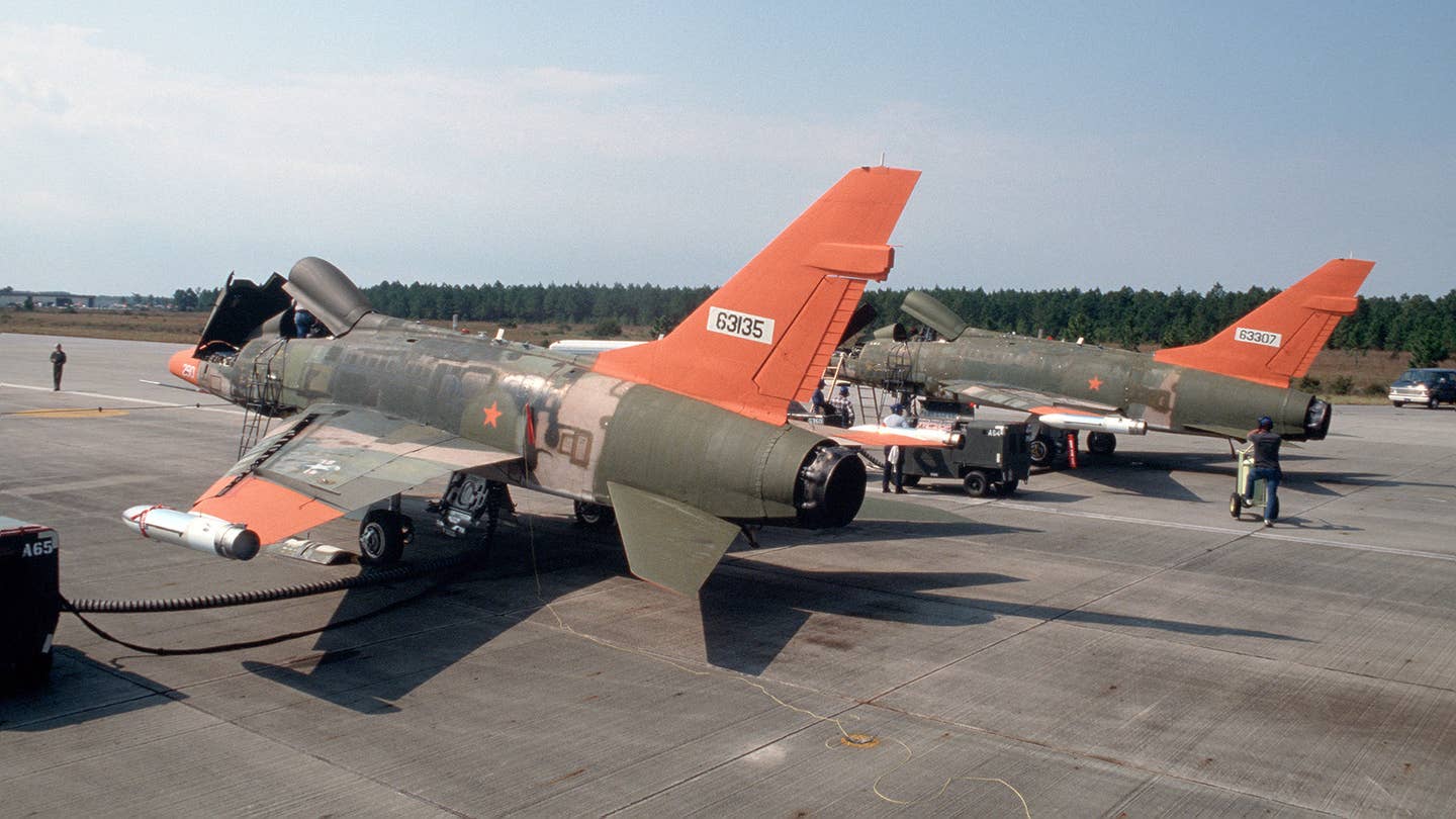 QF-100 Super Sabre target drones ready to launch during William Tell 88. <em>USAF</em>