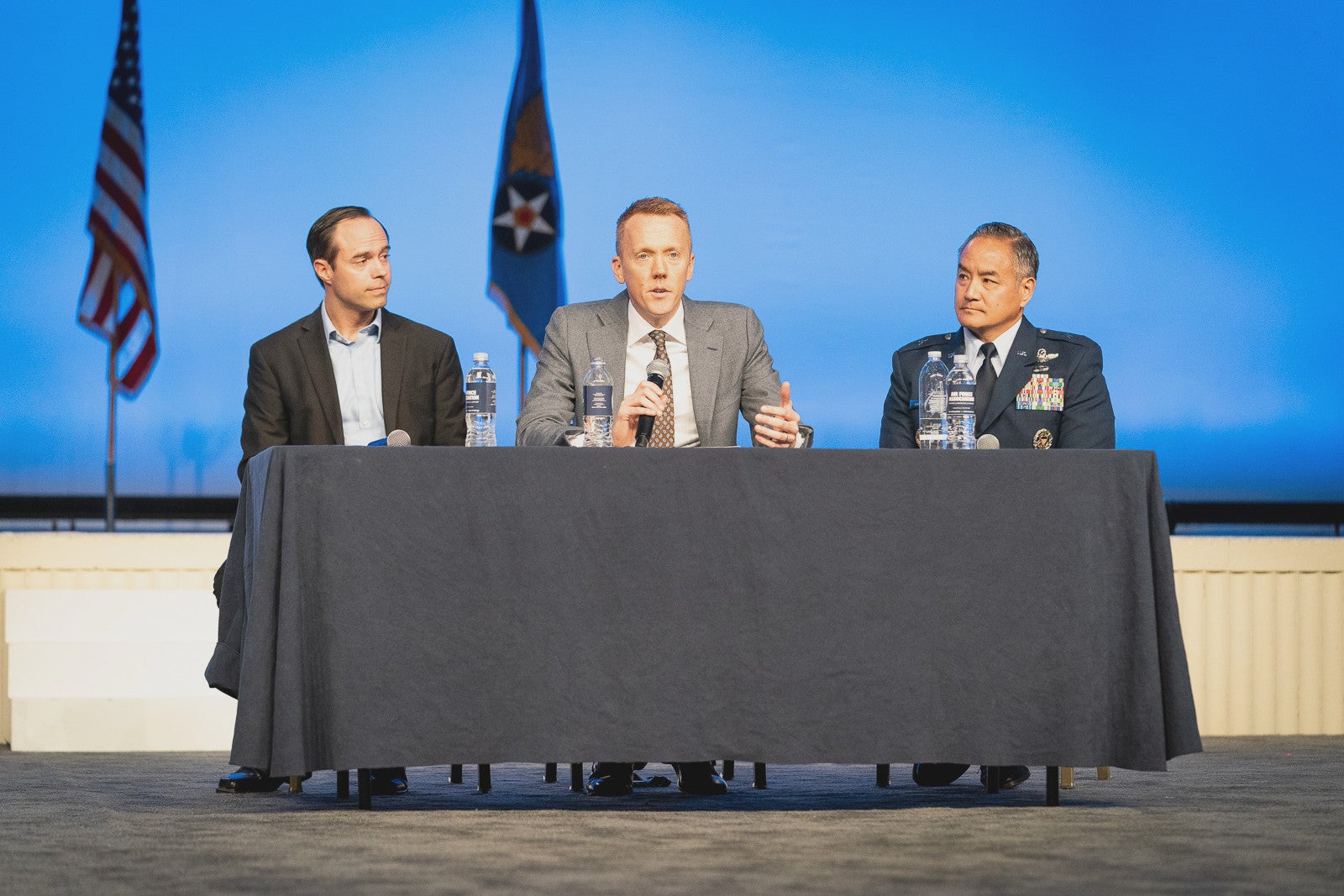 U.S. Air Force Brig Gen. David J. Kumashiro, Joint Force Integration director, Deputy Chief of Staff for Strategy, Integration and Requirements; Preston Dunlap and Chris Brose discuss demystifying Multi-Domain Command and Control during the Air Force Association Air, Space and Cyber Conference in National Harbor, Md., Sept. 17, 2019. The ASC Conference is a professional development seminar that offers the opportunity for Department of Defense personnel to participate in forums, speeches and workshops.  (U.S. Air Force photo by Tech. Sgt. D. Myles Cullen)