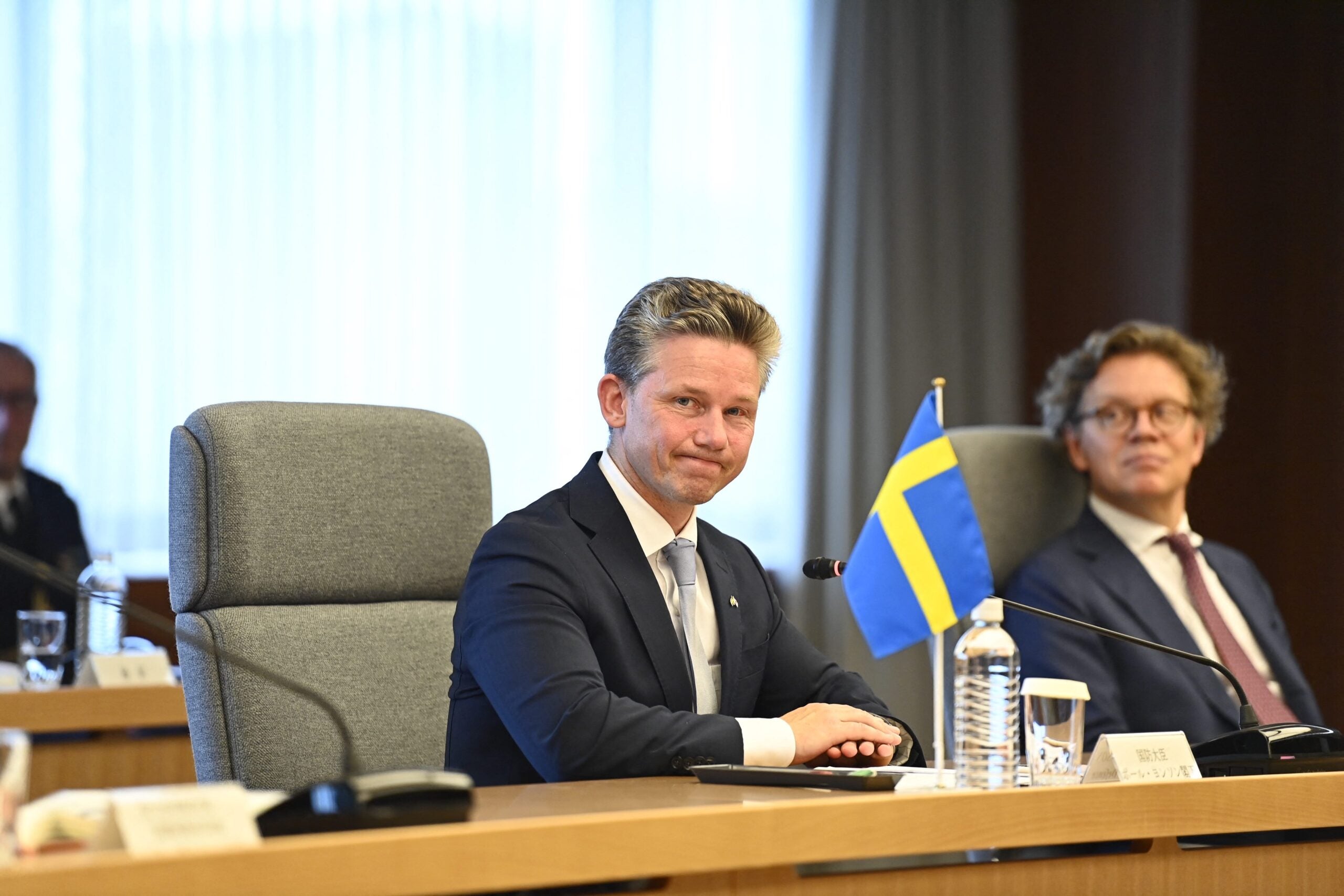 Swedish Defense Minister Pal Jonson (C) listens to Japanese Defense Minister Yasukazu Hamada (not pictured) during their Japan-Sweden bilateral meeting at the Japanese defense ministry in Tokyo on June 7, 2023. (Photo by David Mareuil / POOL / AFP) (Photo by DAVID MAREUIL/POOL/AFP via Getty Images)