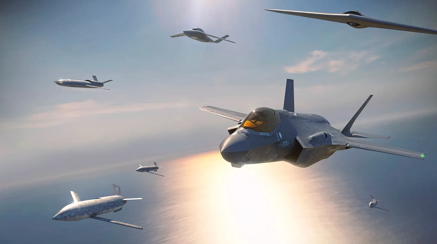 Lockheed Martin concept art showing an F-35 fighter flying with various types of unmanned aircraft, indicative of aspects of the CCA concept. <em>Lockheed Martin</em>