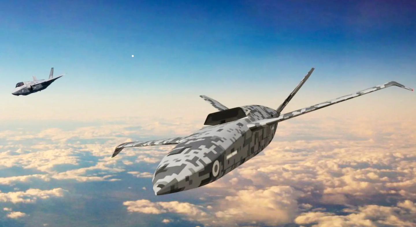 Concept artwork of a British ‘loyal wingman’ design flying alongside an F-35, thought to represent the Project Mosquito technology demonstrator or a follow-on production version.&nbsp;<em>U.K. Ministry of Defense</em>