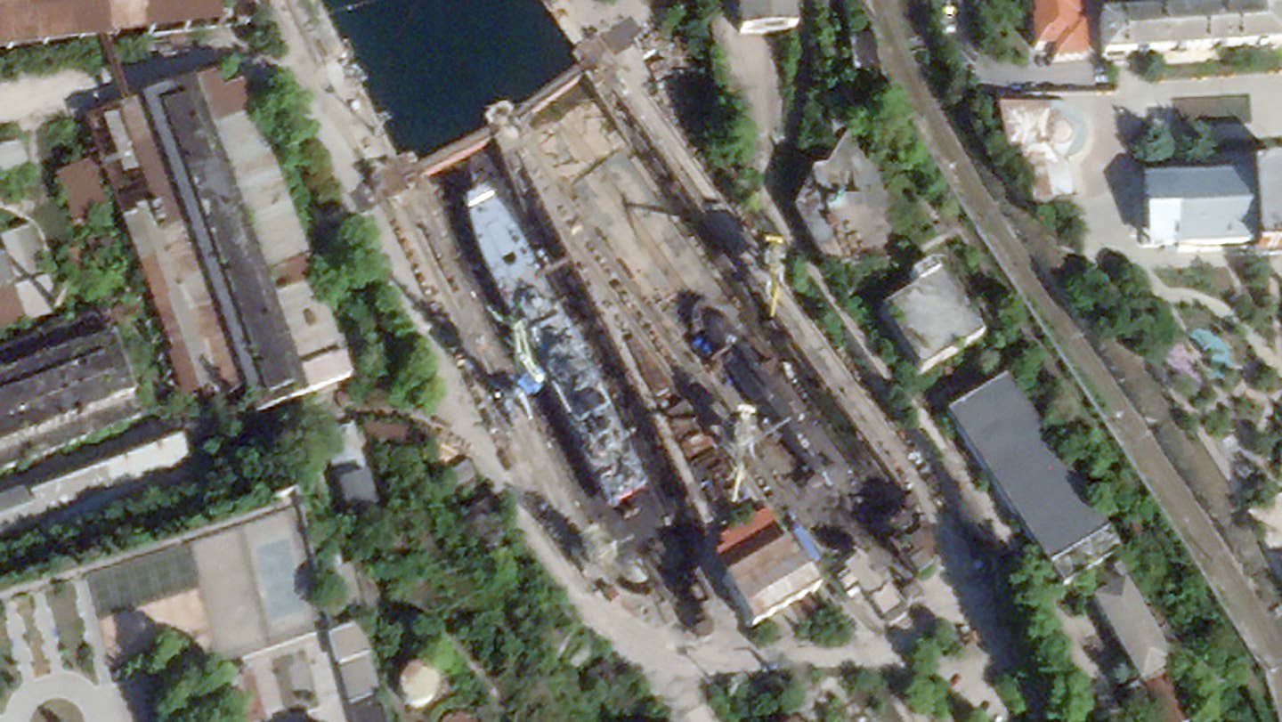 A September 12, 2023, image of the dry dock that was struck. <em>PHOTO © 2023 PLANET LABS INC. ALL RIGHTS RESERVED. REPRINTED BY PERMISSION</em>