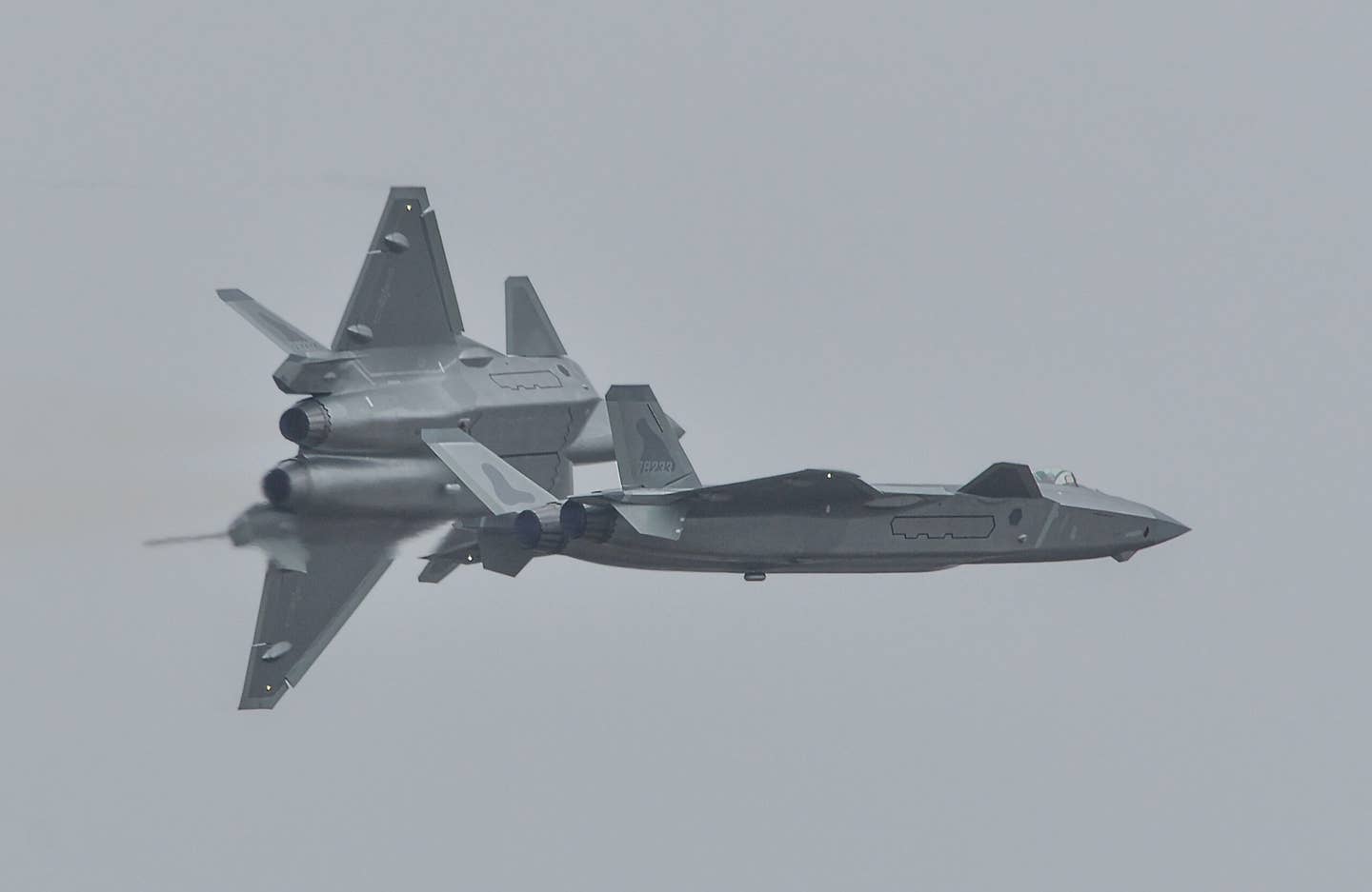 Two J-20s break formation, November 2018.<em> emperornie via Wikimedia Commons, CC-BY-SA-2.0</em>