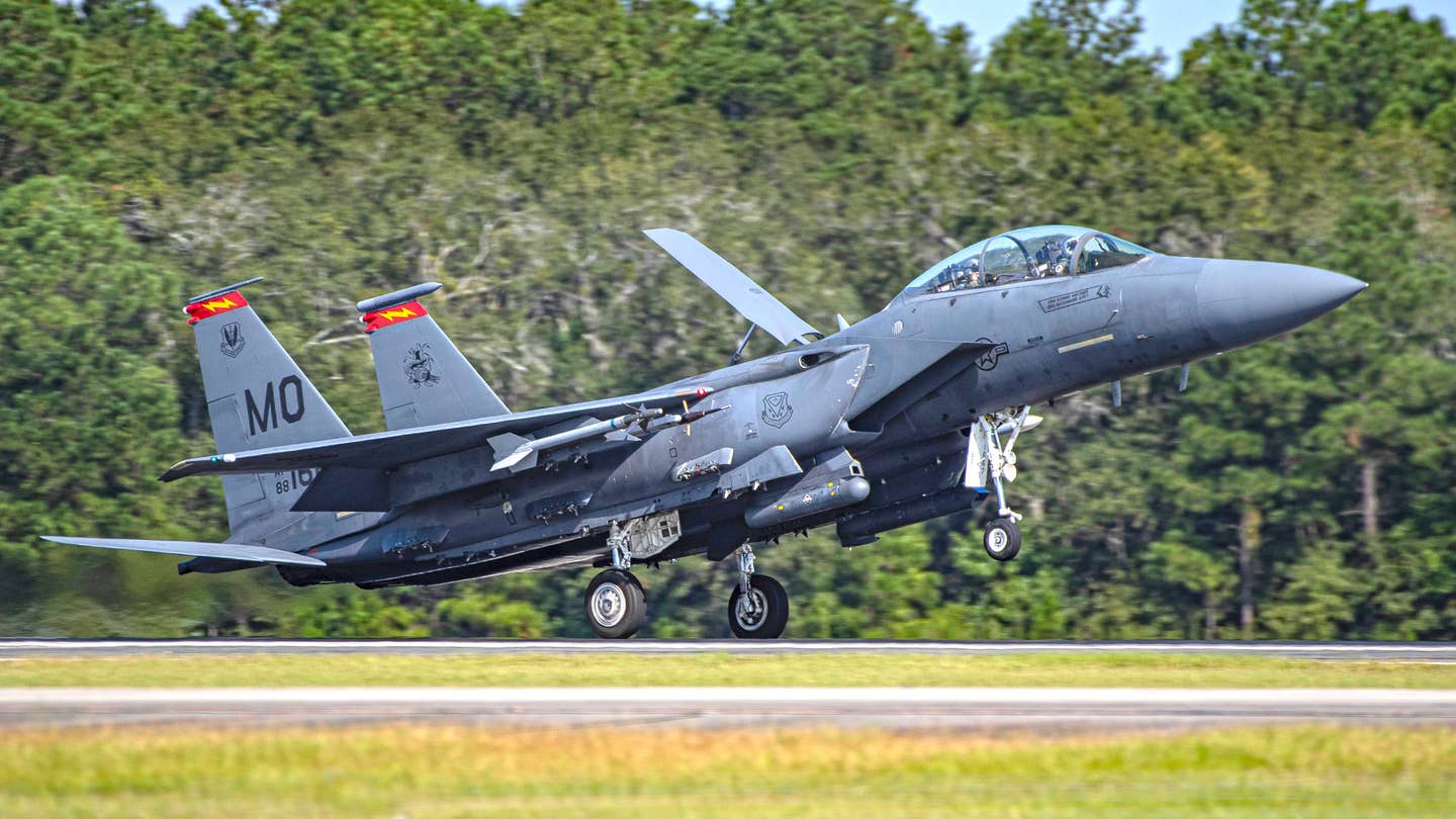 An F-15E from the 366th Fighter Wing team returns to Savannah after a William Tell mission. <em>Jamie Hunter</em>