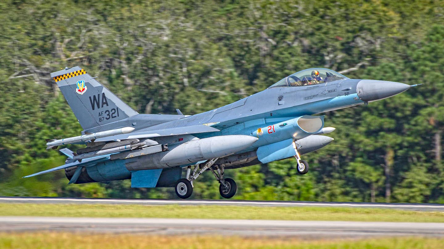 The "Red Air" force includes F-16Cs from the 64th Aggressor Squadron. <em>Jamie Hunter</em>