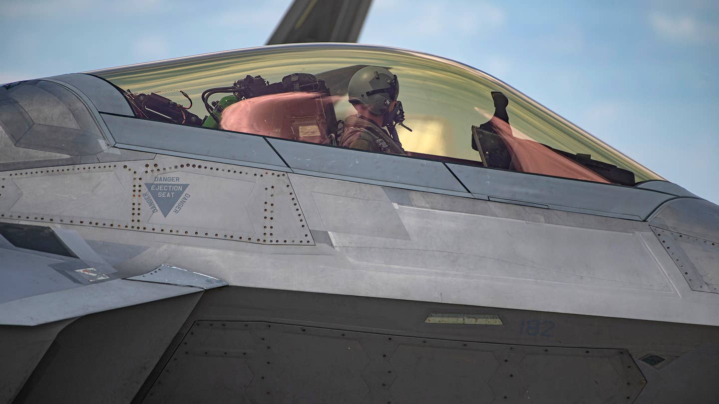 An F-22 pilot taxies out for a William Tell mission. <em>Jamie Hunter</em>