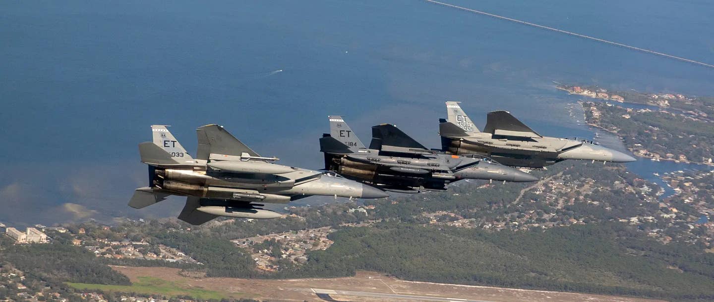 From right to left, an F-15C Eagle, an F-15EX Strike Eagle, and an F-15EX Eagle II.&nbsp;<em>USAF</em>