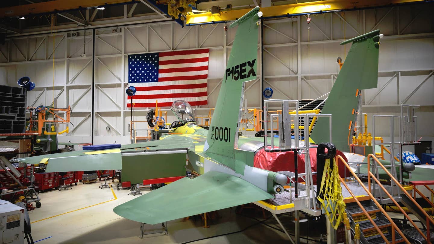 A picture of the first F-15EX under construction in 2020. <em>USAF</em>