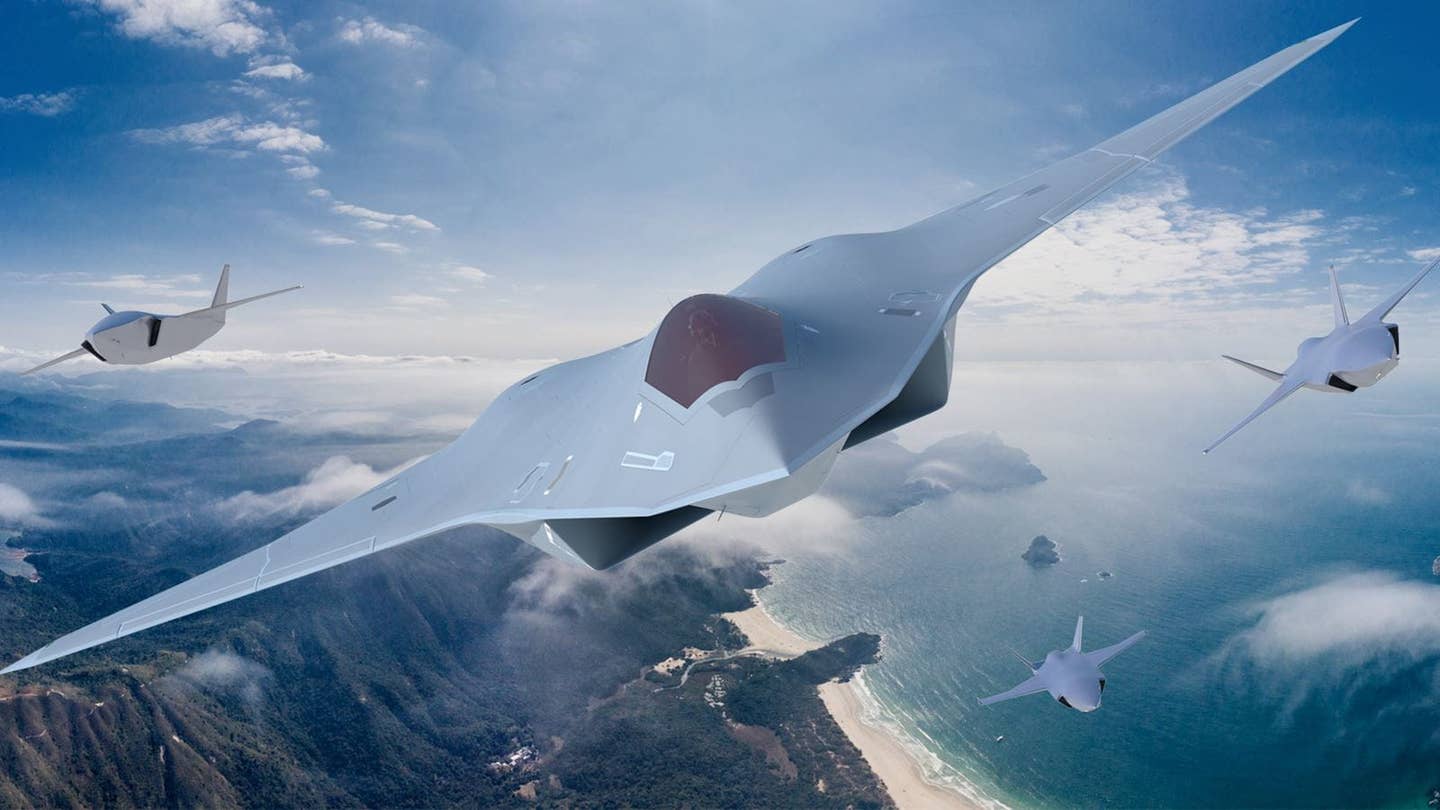 A rendering of a notional sixth-generation stealth combat jet flying together with three advanced drones. <em>Collins Aerospace</em>