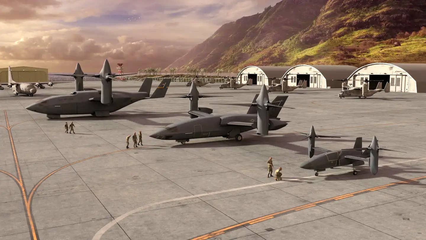 A rendering showing three different tiers of conceptual Bell HSVTOL aircraft, the smallest of which is uncrewed. An MC-130H Combat Talon II, another special operations C-130 variant the Air Force has now retired, is seen at top left. CV-22 Ospreys are seen in the background to the right. <em>Bell</em>
