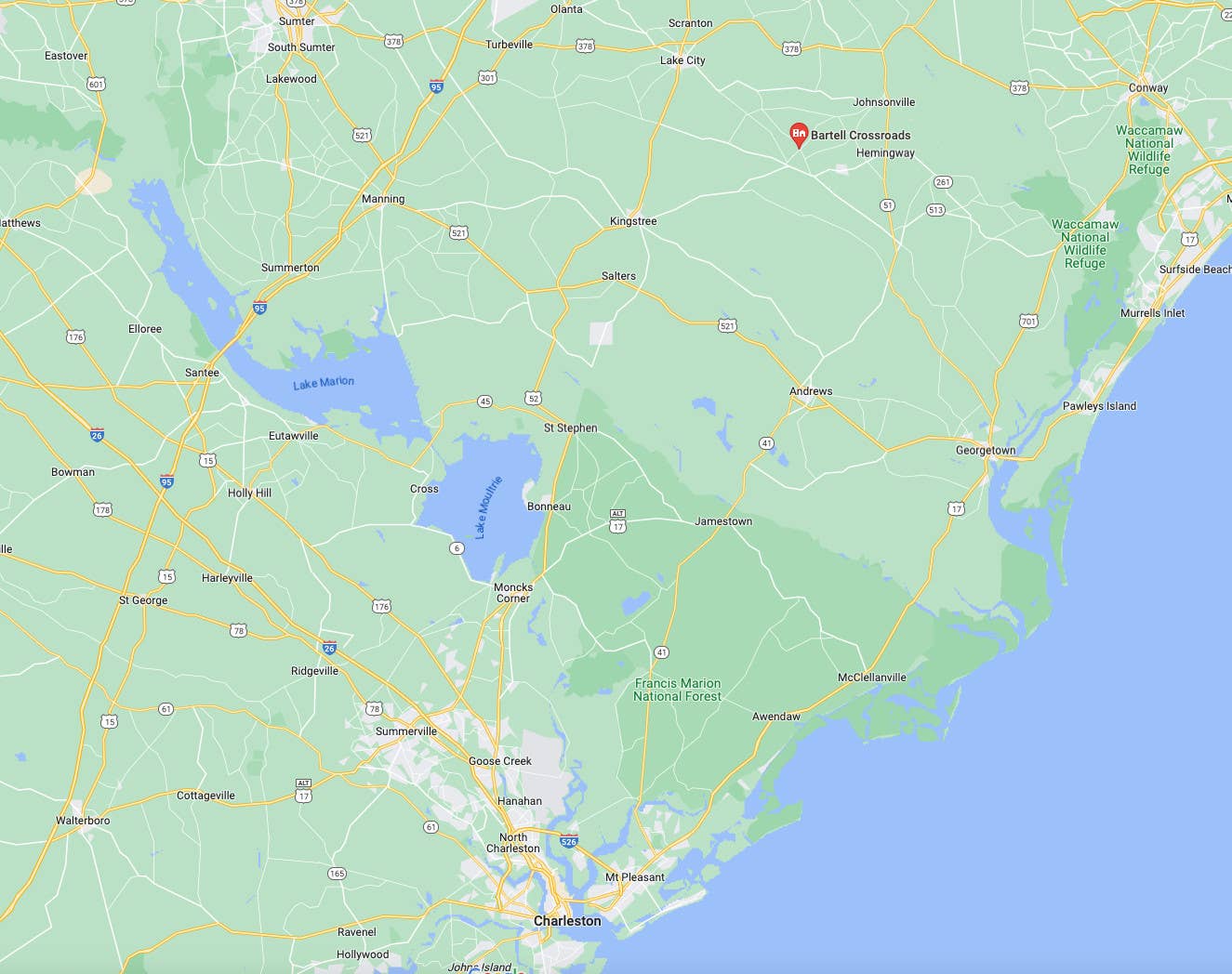 A map of South Carolina with North Charleston, where Charleston International Airport/Joint Base Charleston is located, to the south. Lake Moultrie and Lake Marion are seen to the northwest. Bartell Crossroads, the area where the debris field was subsequently located, is seen marked to the northwest. <em>Google Maps</em>
