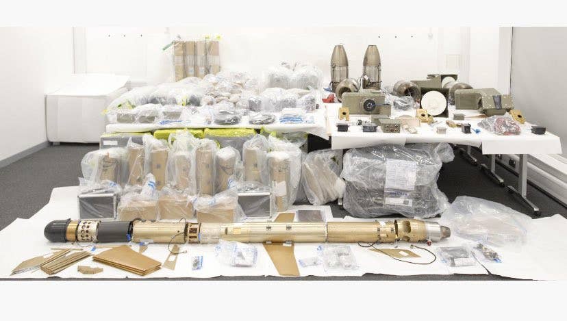 358 missile components and other materiel that British forces intercepted heading to Yemen in 2022. <em>Crown Copyright</em>