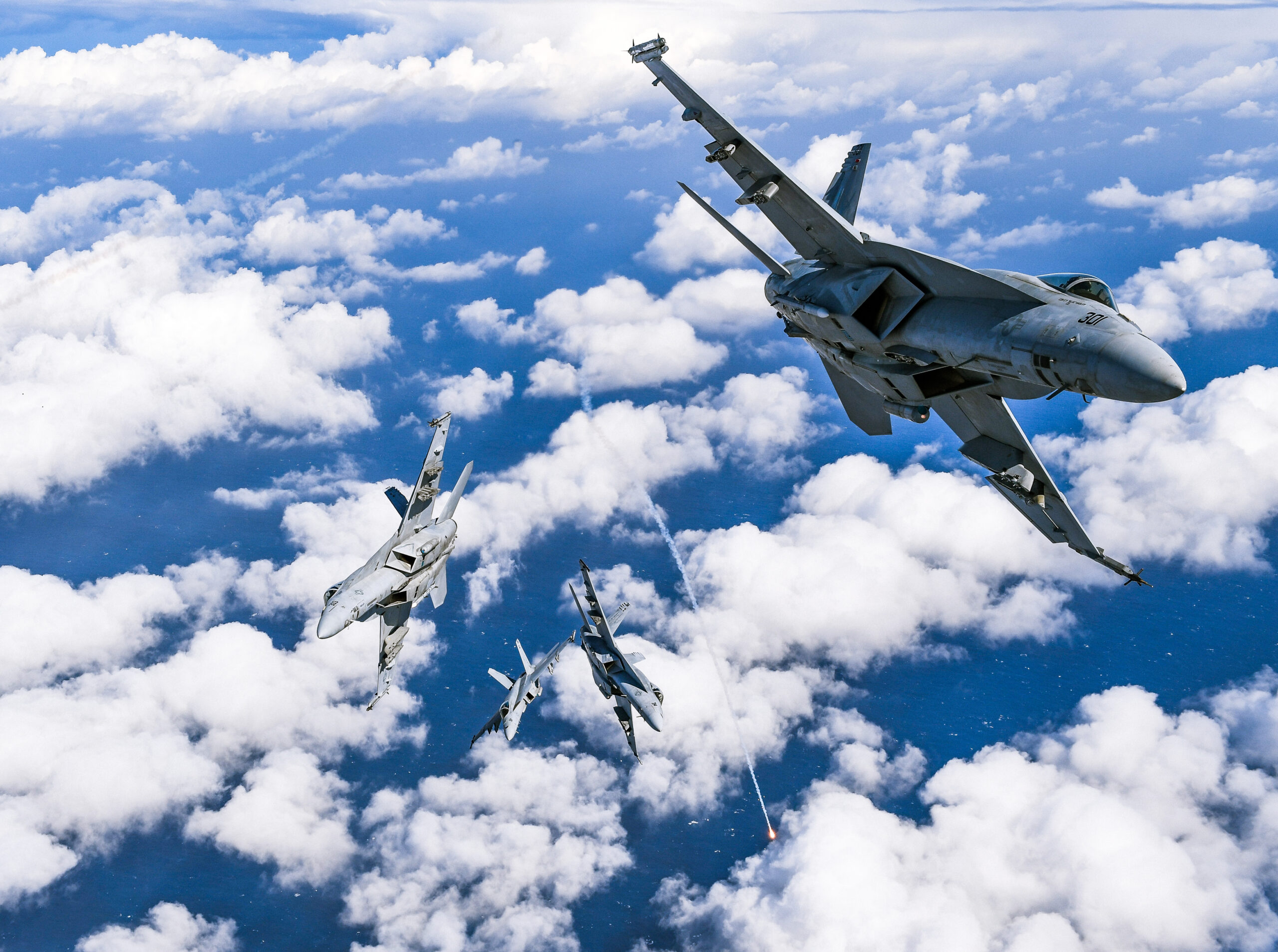 190227-N-FC670-0959 PACIFIC OCEAN (March 12, 2019) F/A-18E Super Hornets from Strike Fighter Squadron (VFA) 136 “Knighthawks” fly in formation during a photo exercise over Calif.  The Knighthawks are an operational U.S. Navy strike fighter squadron based at Naval Air Station Lemoore (NASL), Calif. and are attached to Carrier Air Wing (CVW) One. (U.S. Navy photo by Chief Mass Communication Specialist Shannon Renfroe/Released)