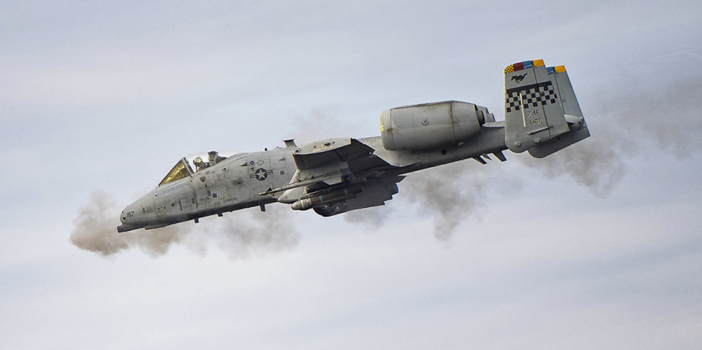 A 25th Fighter Squadron’s A-10 Thunderbolt II fires its 30 mm gun during routine training over Pilsung Range in Gangwan Province, Republic of Korea, Nov. 24, 2020. The A-10's GAU-8/A Avenger rotary canon fires 3,900 armor-piercing depleted uranium and high explosive incendiary rounds per minute. (U.S. Air Force photo by Senior Airman Greg Nash)
