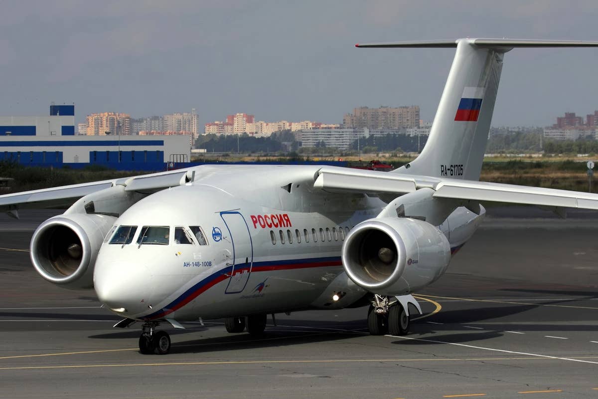 An Antonov An-148 operated by Rossiya — the Special Flight Detachment — used to transport government officials, seen at St. Petersburg in 2010. <em>Igor Dvurekov/Wikimedia Commons </em>