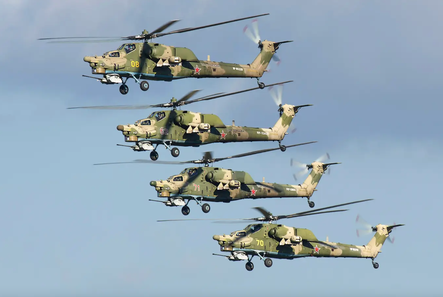 Mi-28N helicopters from the 344th State Combat Training and Flight Crew Conversion Center in Torzhok.&nbsp;<em>Andrei Shmatko/Wikimedia Commons</em>