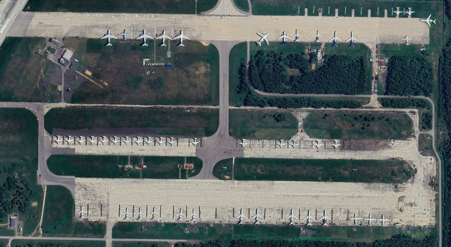 A satellite view of the same air base, dated May 2023, reveals some of the sheer number and variety of transport types based there. <em>Google Earth</em>