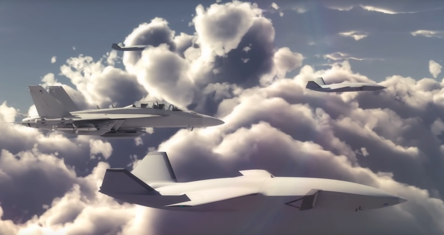 Concept imagery showing Ghost Bat loyal wingmen drones teaming with Super Hornets. (Boeing Australia)