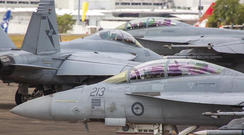 RAAF F/A-18F Super Hornets, from No. 1 Squadron, line up for a sortie out of RAAF Base Darwin during Exercise Diamond Storm.