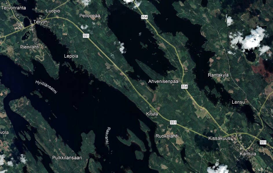 An annotated satellite image showing the stretch of Regional Road 551 in Finland where Baana 23 is taking place. <em>Google Earth</em>