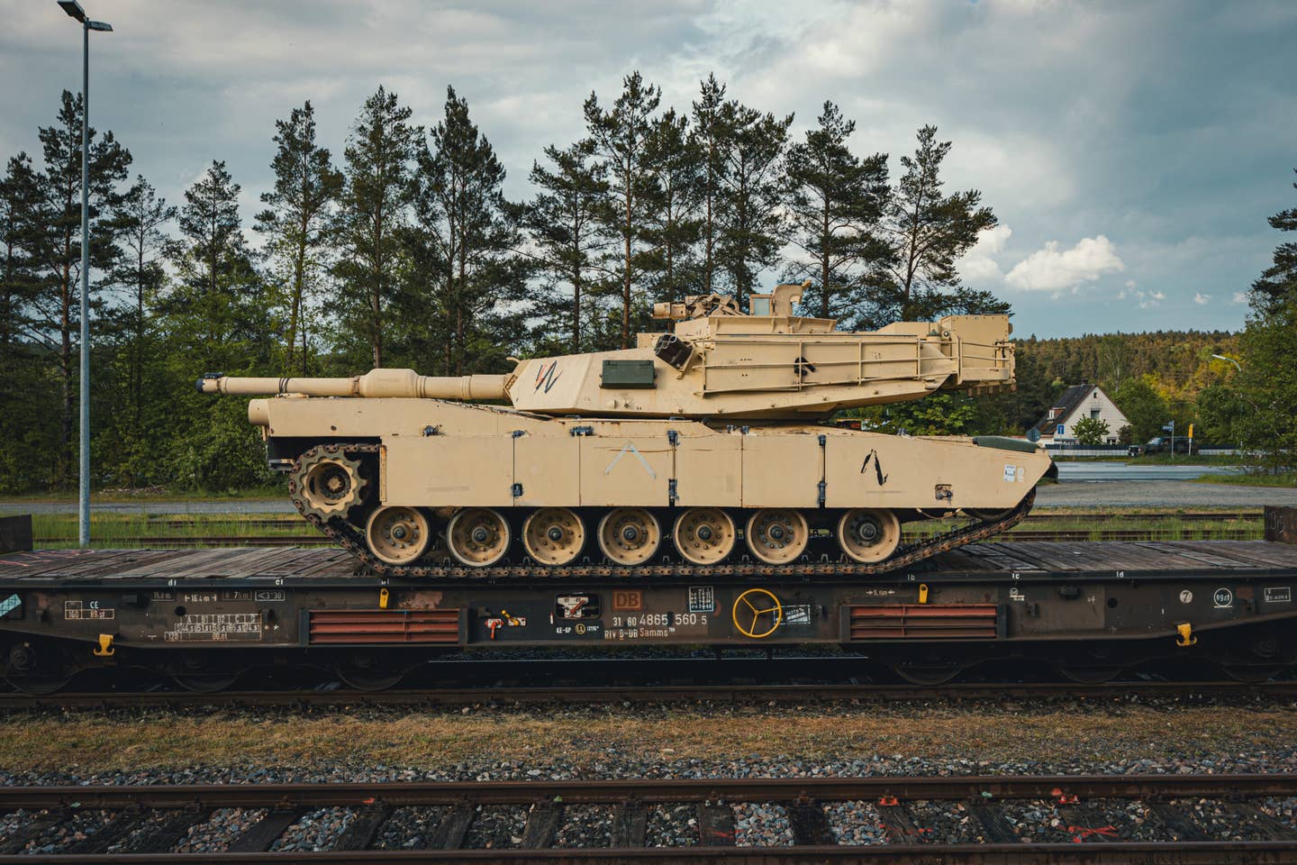 A U.S. M1A1 Abrams tank assigned for training Ukrainian Armed Forces troops awaits offloading at Grafenwoehr, Germany, on May 14, 2023. <em>U.S. Army photo by Spc. Christian Carrillo</em>