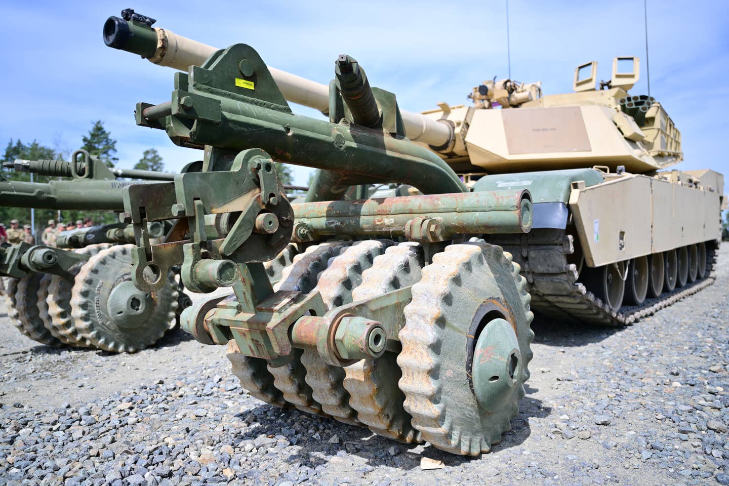 A mine roller on a U.S. Army M1A1 Abrams tank as supplied to Ukraine, seen in Grafenwoehr, Germany, prior to delivery, in July 2023. <em>Photo by Matthias Merz/picture alliance via Getty Images</em>