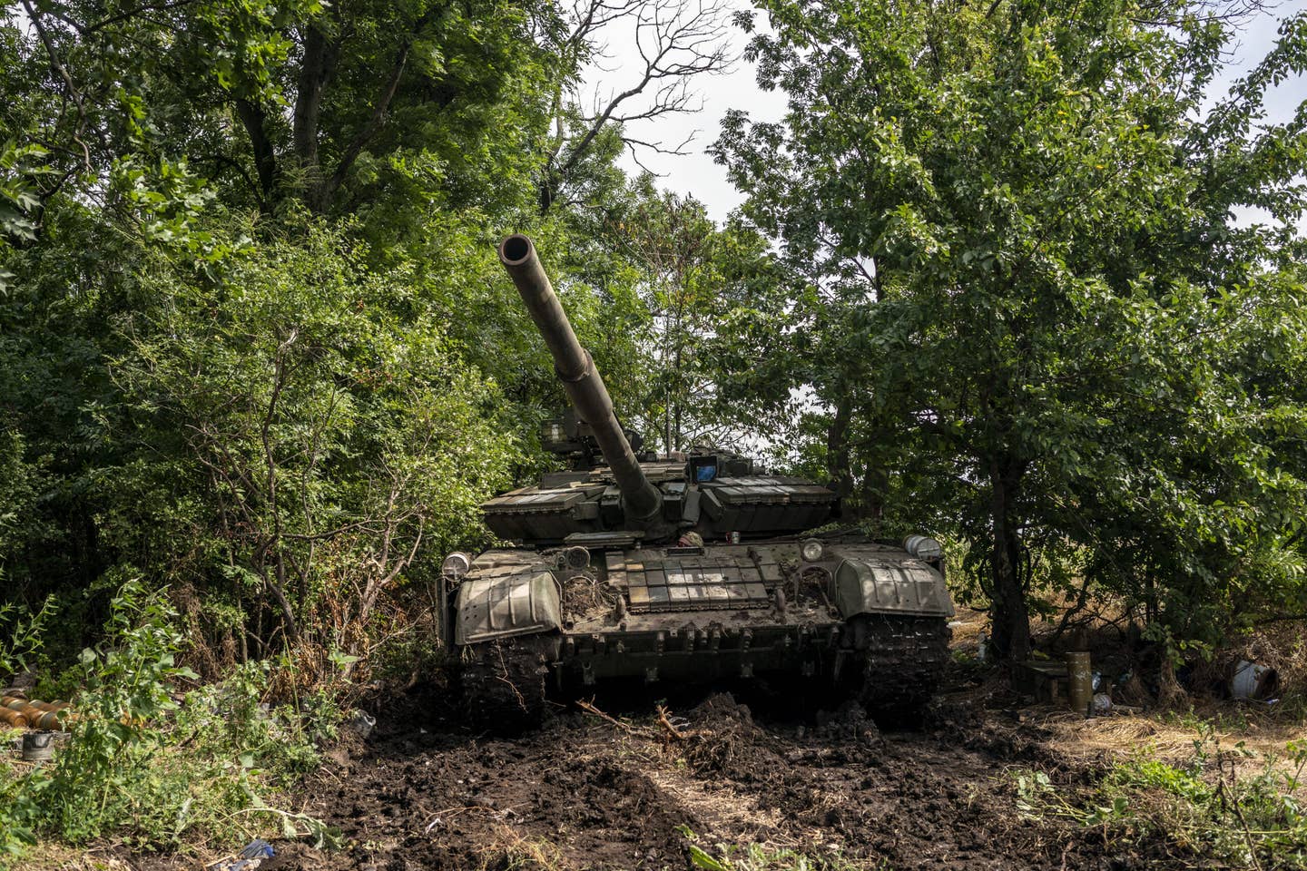 A Ukrainian Armed Forces T-64 tank is prepared by soldiers of the 72nd Brigade, in the direction of Vuhledar, Donetsk Oblast, Ukraine, on July 19, 2023. <em>Photo by Jose Colon/Anadolu Agency via Getty Images</em>