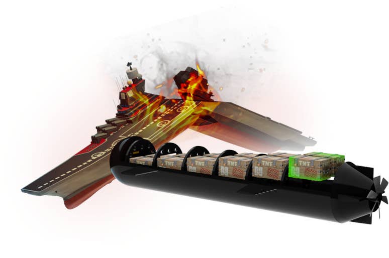 A graphic from the AMMO Ukraine website showing a cutaway rendering depicting a Marichka drone submarine full of explosives and a ship exploding in half. The 'target' here appears to be a curious hybrid of the Soviet <em>Kiev</em> and <em>Kuznetsov</em> class aircraft carrier designs. <em>AMMO Ukraine</em>