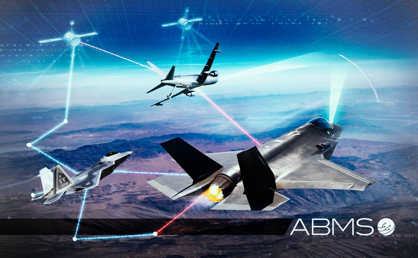 A U.S. Air Force graphic illustrating one aspect of ABMS: a communications pod installed in a KC-46 Pegasus tanker that allows F-35 and F-22 stealth jets to connect and instantly receive and transmit information. <em>U.S. Air Force</em>