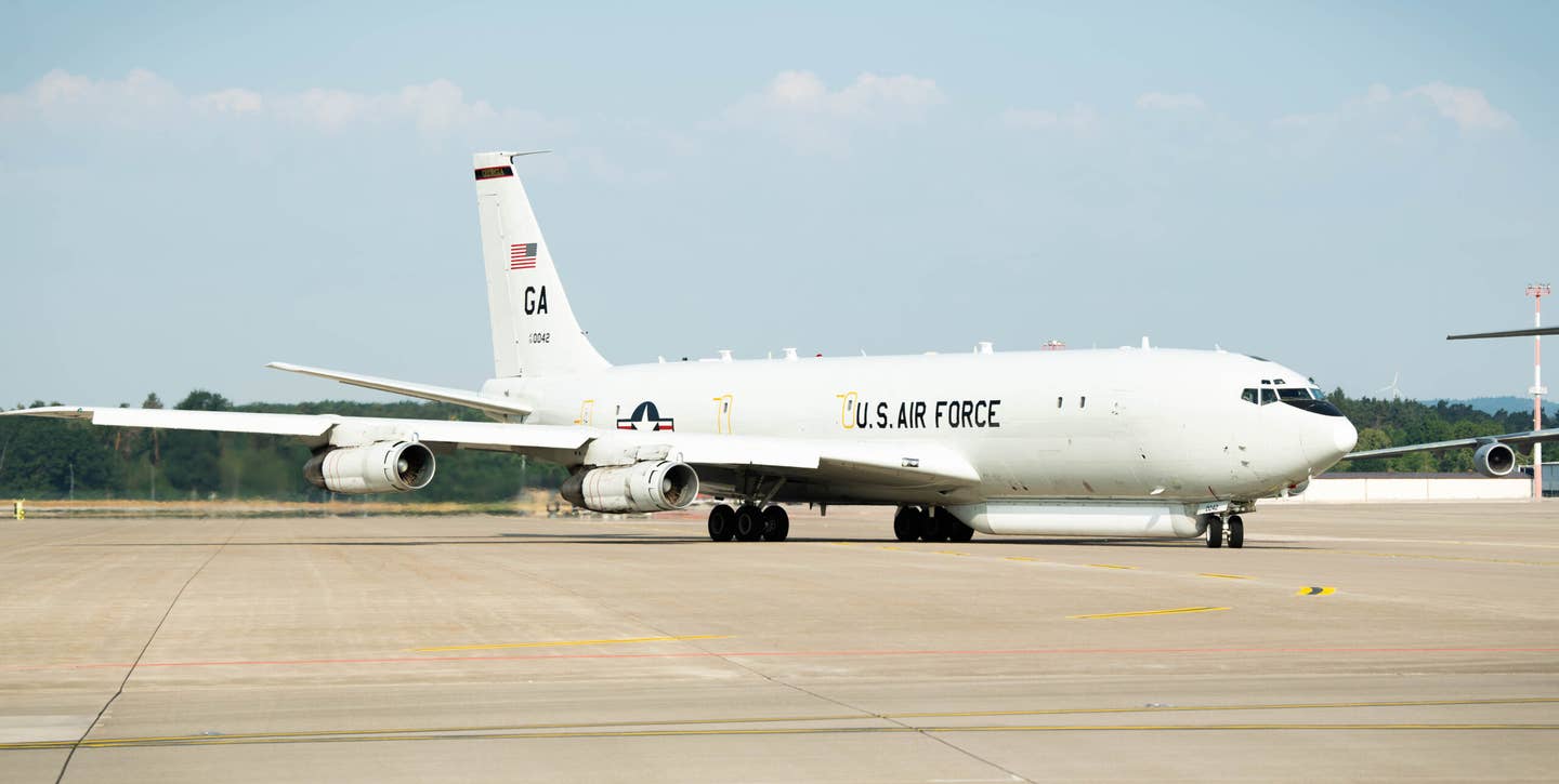 An E-8C JSTARS aircraft taxis at Ramstein Air Base, Germany, during the last few weeks of operations for the type. <em>U.S. Air Force/Airman 1st Class Jared Lovett</em><br><a href="https://www.ramstein.af.mil/News/Article-Display/Article/3445345/historical-last-active-duty-jstars-flight-at-rab/undefined"></a>