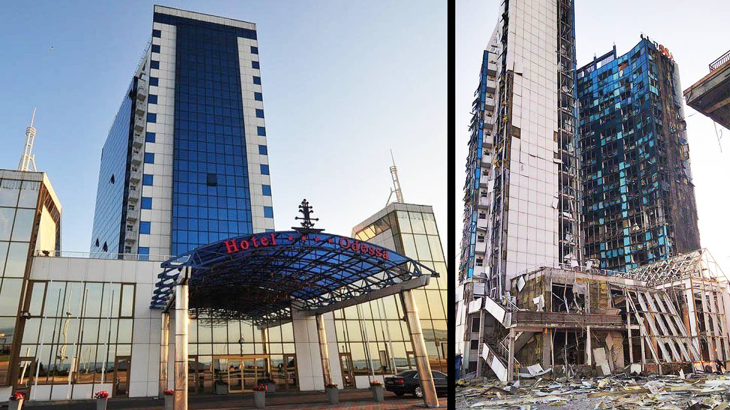 The iconic, abandoned Odesa Hotel was severely damaged in a Russian barrage.