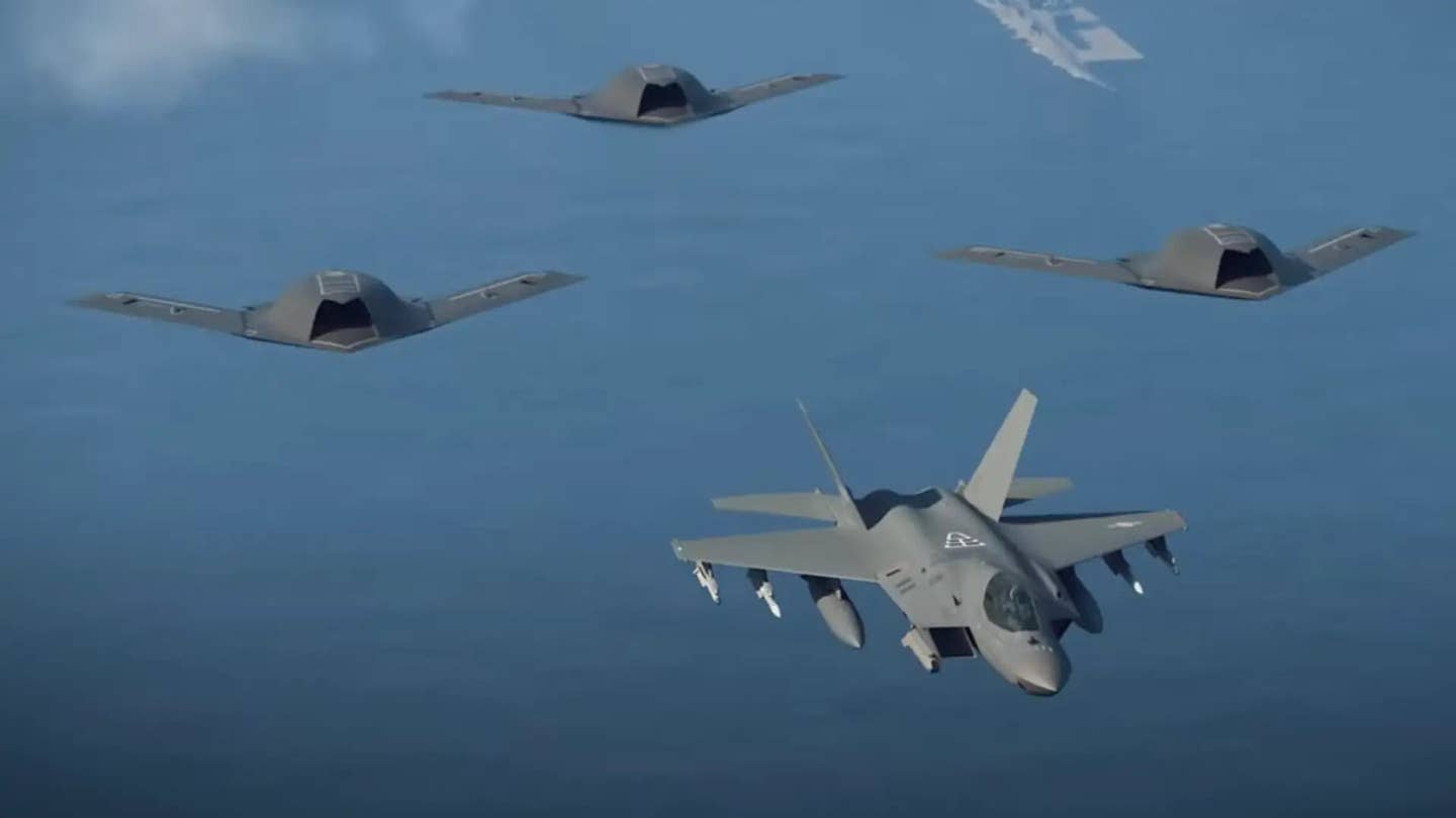 A rendering from South Korea's Defense Acquisition Program Administration (DAPA) of a stealthy KF-21 crewed fighter flying with three UCAVs. <em>DAPA</em>